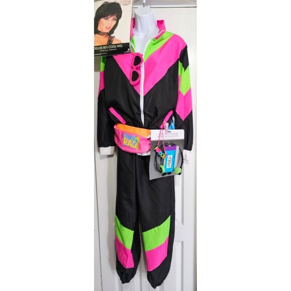 80s Track Suit Costume Neon Fanny Pack Cassette Player Walkman 1980s Tracksuit - Picture 1 of 10